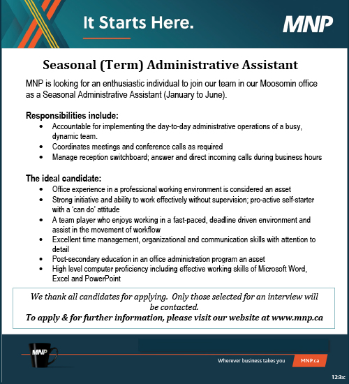 MNP - Moosomin - Seasonal Administrative Assistant 